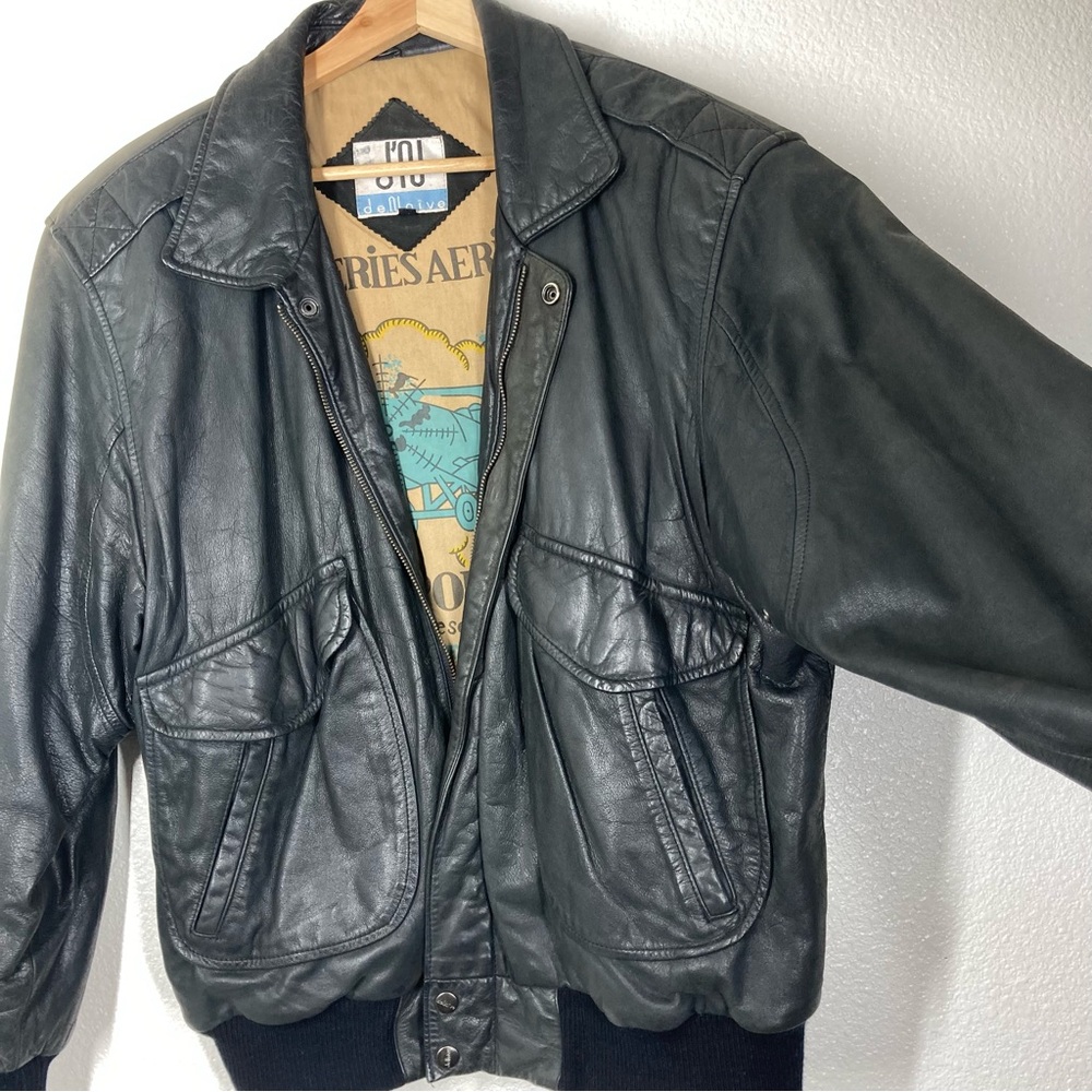 Vintage 80s The Naive Aviator Genuine Leather Jacket Mens Large Black Flight - Picture 3 of 15